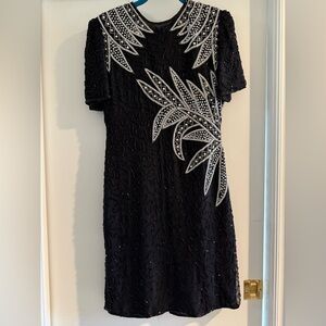 Vintage Laurence Kazar Black and Silver Beaded Silk Cocktail Dress